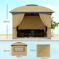 Pavillon ca. 3,4x3,4 m, vandafvisende, 4 sidevægge & dobbelt tag, galvaniseret stel, beige