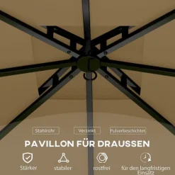 Pavillon ca. 3,4x3,4 m, vandafvisende, 4 sidevægge & dobbelt tag, galvaniseret stel, beige