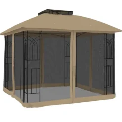 Pavillon med dobbelt tag og meshvægge - Stål | Størrelse: 2,94x2,94 m | Farve: Gråbrun