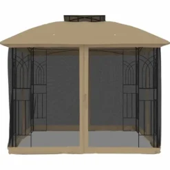 Pavillon med dobbelt tag og meshvægge - Stål | Størrelse: 2,94x2,94 m | Farve: Gråbrun