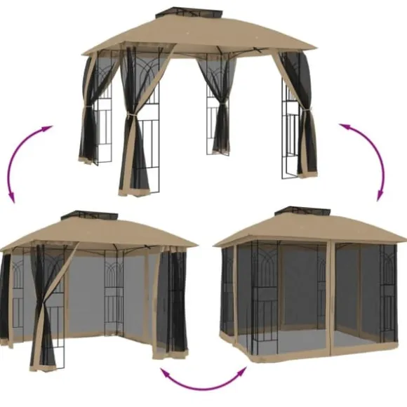 Pavillon med dobbelt tag og meshvægge - Stål | Størrelse: 2,94x2,94 m | Farve: Gråbrun