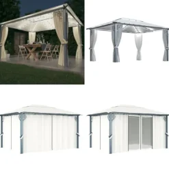 Pavillon med gardin + LED-lyskæder 400x300 cm aluminium creme - Pavillon - Pavilloner - Home & Living