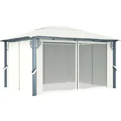 Pavillon med gardin + LED-lyskæder 400x300 cm aluminium creme - Pavillon - Pavilloner - Home & Living