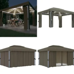 Pavillon med gardin og LED-lyskæder 4x3 m gråbrun - Pavillon - Pavilloner - Home & Living