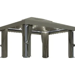 Pavillon med gardin og LED-lyskæder 4x3 m gråbrun - Pavillon - Pavilloner - Home & Living