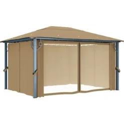 Pavillon med gardin 400x300 cm - Solid aluminium | Farve: Gråbrun