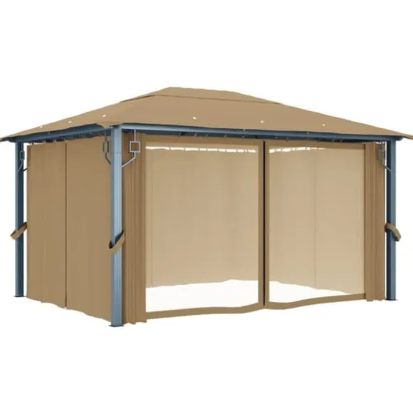 Pavillon med gardin 400x300 cm - Solid aluminium | Farve: Gråbrun