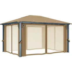 Pavillon med gardin 400x300 cm - Solid aluminium | Farve: Gråbrun