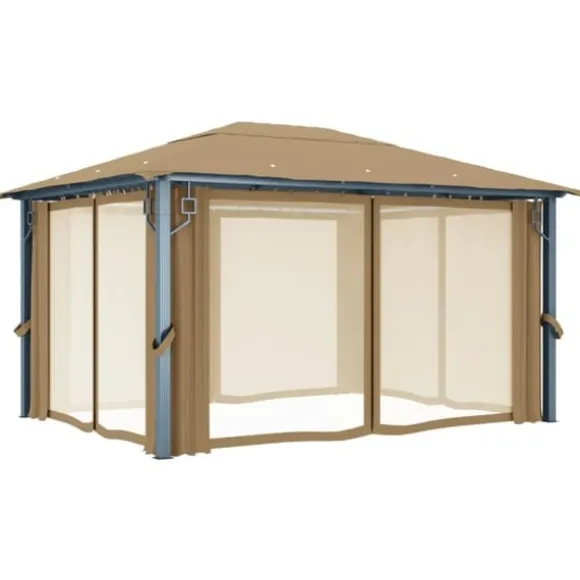 Pavillon med gardin 400x300 cm - Solid aluminium | Farve: Gråbrun