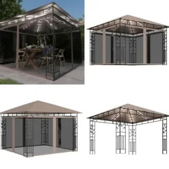 Pavillon med myggenet og LED-lyskæder 3x3x2,73 m gråbrun - Pavillon - Pavilloner - Home & Living