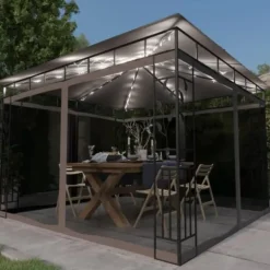 Pavillon med myggenet og LED-lyskæder 3x3x2,73 m gråbrun - Pavillon - Pavilloner - Home & Living