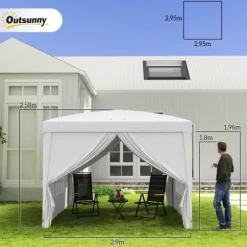 Pavillon 3x3 m med 4 sidevægge & vinduer, UV-beskyttelse, stål/oxford, taske, hvid