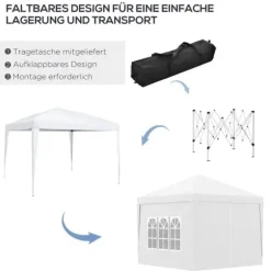Pavillon 3x3 m med 4 sidevægge & vinduer, UV-beskyttelse, stål/oxford, taske, hvid