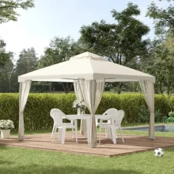 Pavillon 3x3 m med 4 sidevægge, metal/polyester, cremehvid – vejrbestandig