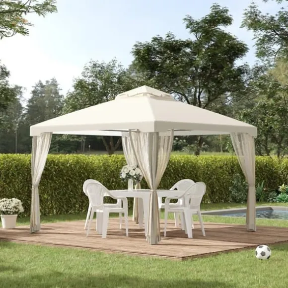 Pavillon 3x3 m med 4 sidevægge, metal/polyester, cremehvid – vejrbestandig