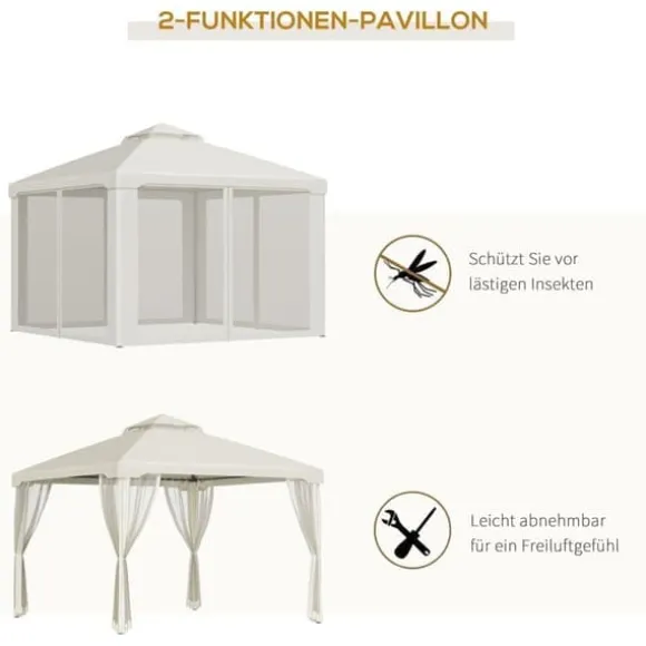 Pavillon 3x3 m med 4 sidevægge, metal/polyester, cremehvid – vejrbestandig