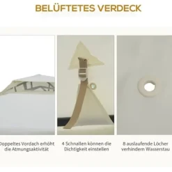Pavillon 3x3 m med 4 sidevægge, metal/polyester, cremehvid – vejrbestandig