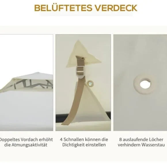 Pavillon 3x3 m med 4 sidevægge, metal/polyester, cremehvid – vejrbestandig