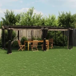 Pavillon 6x3 m med mesh-vægge i stål - Gråbrun | Størrelse: 6x3 m