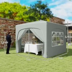 Pavillon 3x3 m pop-up, vandafvisende, vintertålelig, UV-beskyttelse 50+, 4 sidevægge & taske, lysegrå