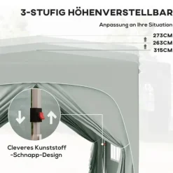 Pavillon 3x3 m pop-up, vandafvisende, vintertålelig, UV-beskyttelse 50+, 4 sidevægge & taske, lysegrå