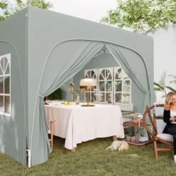 Pavillon 3x3 m pop-up, vandafvisende, vintertålelig, UV-beskyttelse 50+, 4 sidevægge & taske, lysegrå