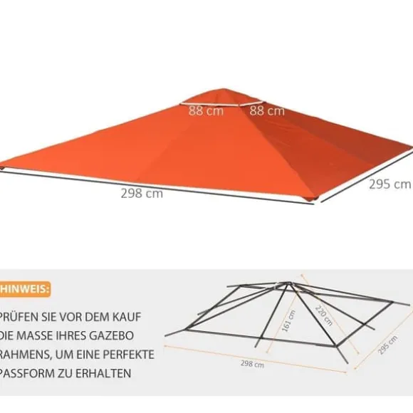 Pavillontag 2,98x2,95 m, solbeskyttelse i polyester, orange