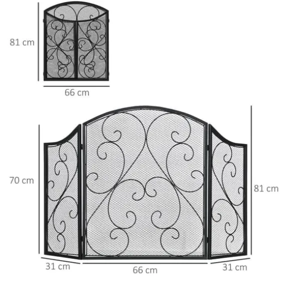 Pejsenet gnistskærm, foldbar 3-panel, vintage, metal, sort