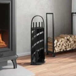 Pejsesæt 5 dele - Robust stål med dekorativt stativ | Størrelse: 23x15x66 cm