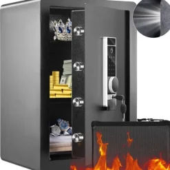 Pengeskab 2,2 kubikfod til hjemmet med fingeraftryk, digitalt tastatur og 2 nøgler. Brandsikker opbevaring!