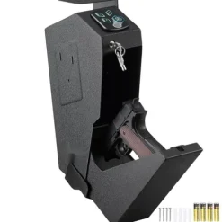 Pengeskab til pistoler med biometrisk lås og 3 adgangsmetoder. Sikker opbevaring af én pistol.