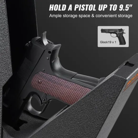 Pengeskab til pistoler med biometrisk lås og 3 adgangsmetoder. Sikker opbevaring af én pistol.