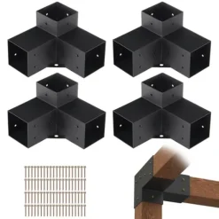 Pergola beslag sæt 101x101mm, 4 stk. 3-vejs robuste hjørnebeslag til gør-det-selv projekter, nem installation af træbjælker til udendør