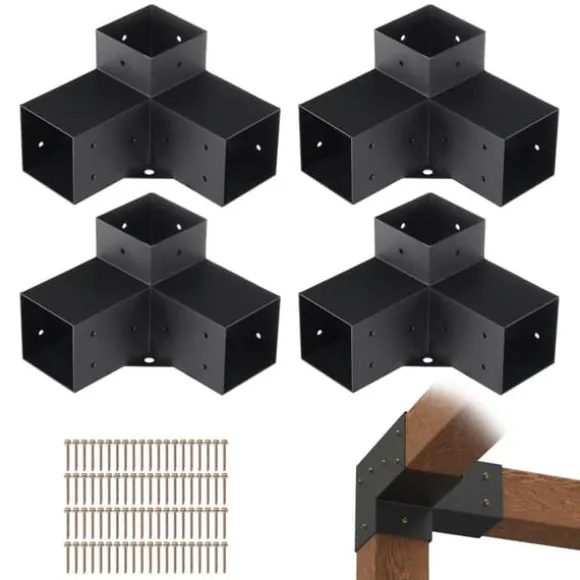 Pergola beslag sæt 101x101mm, 4 stk. 3-vejs robuste hjørnebeslag til gør-det-selv projekter, nem installation af træbjælker til udendør