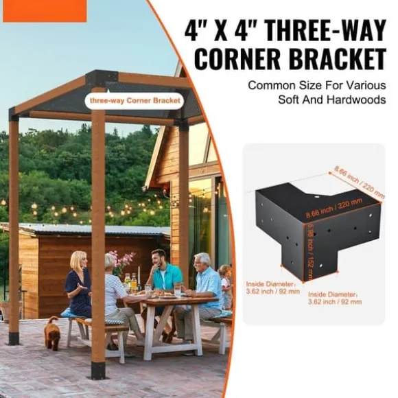 Pergola beslag sæt 101x101mm, 4 stk. 3-vejs robuste hjørnebeslag til gør-det-selv projekter, nem installation af træbjælker til udendør