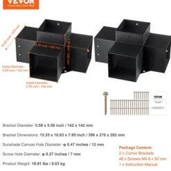 Pergola beslagssæt, 4-vejs hjørnebeslag 2 stk., 14,2x14,2 cm, sort, stål
