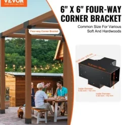 Pergola beslagssæt, 4-vejs hjørnebeslag 2 stk., 14,2x14,2 cm, sort, stål