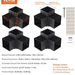 Pergola beslagssæt, 3-vejs hjørnebeslag, 14,2x14,2 cm, sort, stål