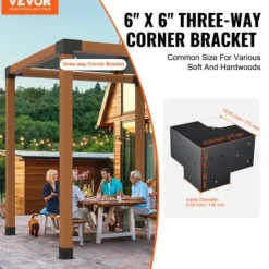 Pergola beslagssæt, 3-vejs hjørnebeslag, 14,2x14,2 cm, sort, stål