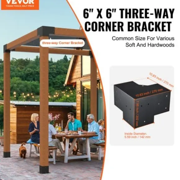 Pergola beslagssæt, 3-vejs hjørnebeslag, 14,2x14,2 cm, sort, stål