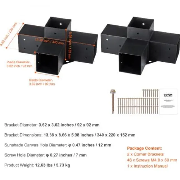 Pergola beslagssæt, 4-vejs kraftigt hjørnebeslag, 10,2x10,2 cm, sort, stål