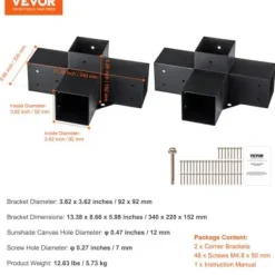 Pergola beslagssæt, 4-vejs kraftigt hjørnebeslag, 10,2x10,2 cm, sort, stål