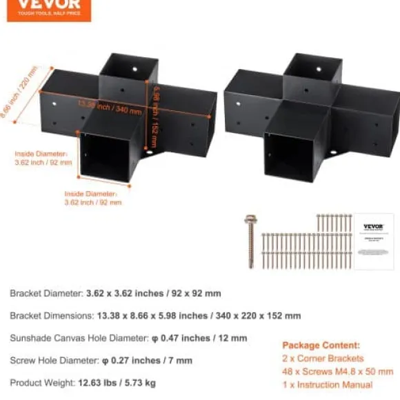 Pergola beslagssæt, 4-vejs kraftigt hjørnebeslag, 10,2x10,2 cm, sort, stål