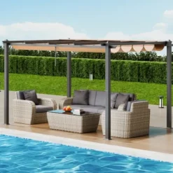 Pergola, Retraktabelt Baldakin, 296x395x230 cm, Beige, Aluminium