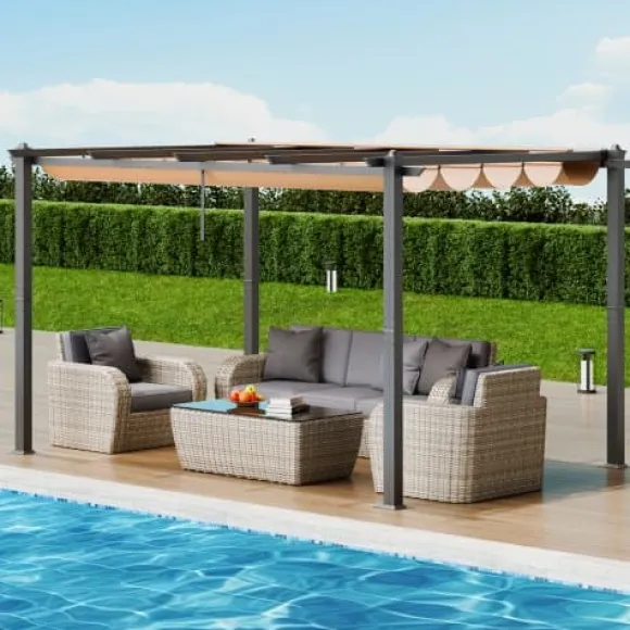 Pergola, Retraktabelt Baldakin, 296x395x230 cm, Beige, Aluminium