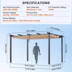 Pergola, Retraktabelt Baldakin, 296x395x230 cm, Beige, Aluminium