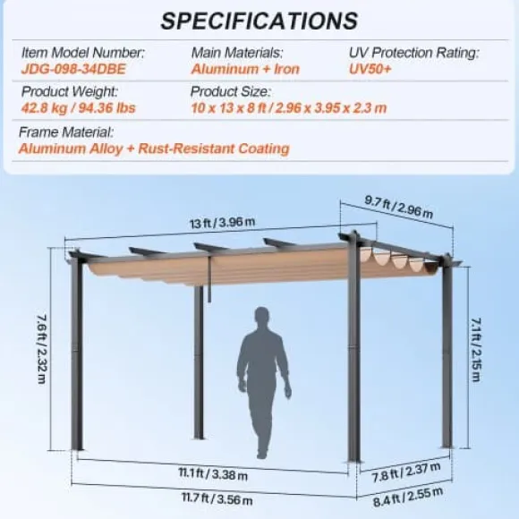 Pergola, Retraktabelt Baldakin, 296x395x230 cm, Beige, Aluminium