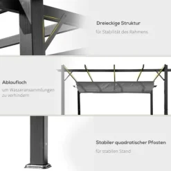 Pergola/pavillon 3×3×2,23 m, skydetag, aluminium, kulgrå/mørkegrå