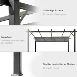 Pergola/pavillon 3×3×2,23 m, skydetag, aluminium, kulgrå/mørkegrå