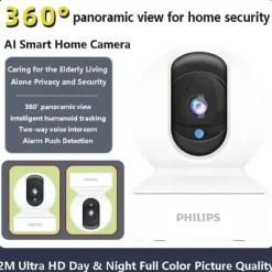 Philips TAI6000W/93 Trådløst Overvågningskamera – WiFi/4G, 1080p HD, Pan/Tilt, Bevægelsesdetektion, Nattesyn, Til Hjem og Kontor